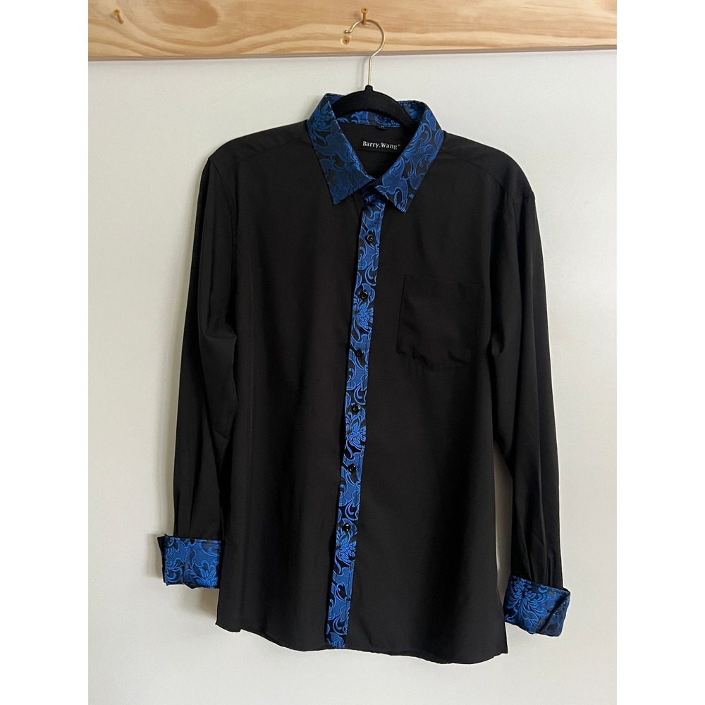 Barry Wang Dress Shirt Black Blue Silk Blend Men Size Medium